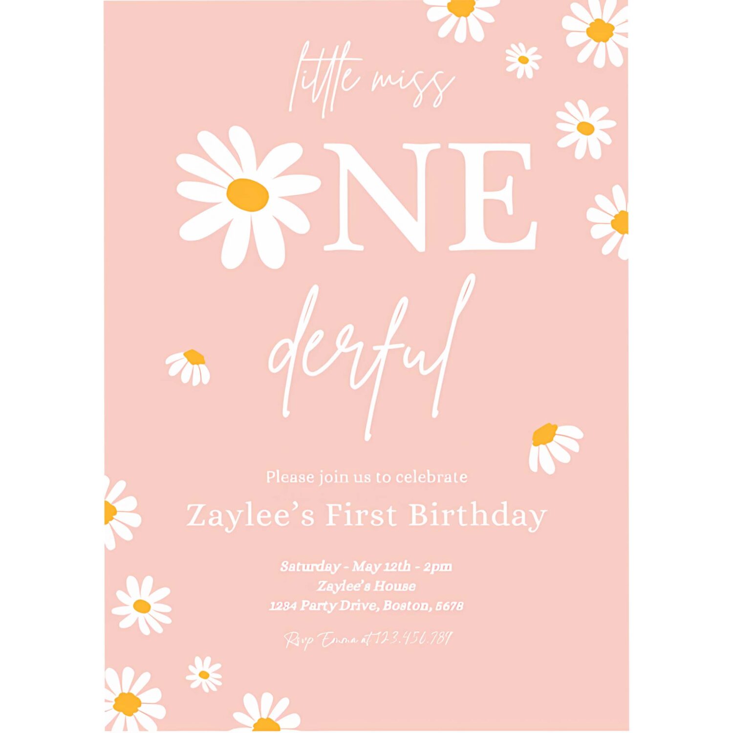 Editable daisy birthday party invitation boho little miss one derful 1st birthday bohemian daisy floral groovy party 4