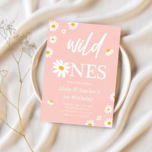Editable daisy twin birthday party invitation boho daisy wild ones twin 1st birthday party bohemian groovy party 1