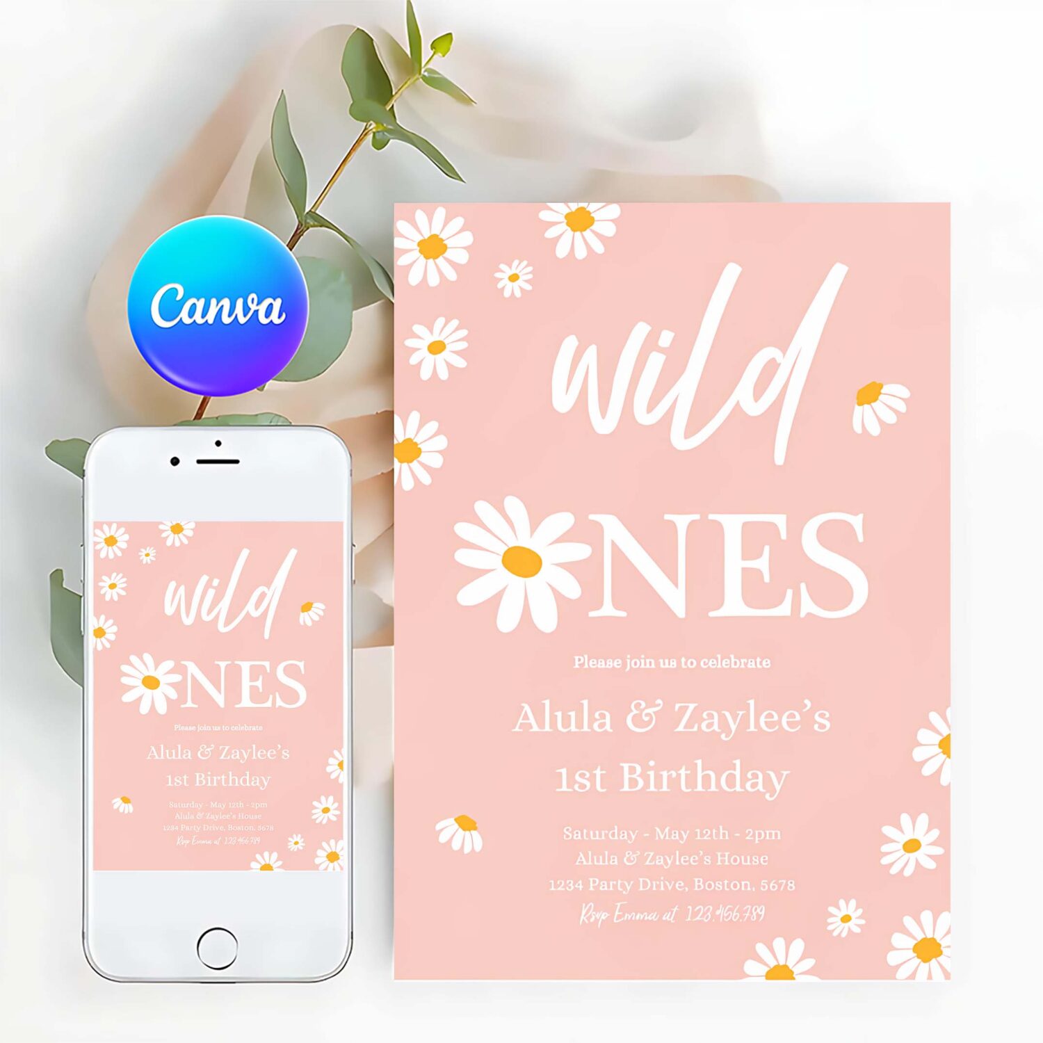 Editable daisy twin birthday party invitation boho daisy wild ones twin 1st birthday party bohemian groovy party