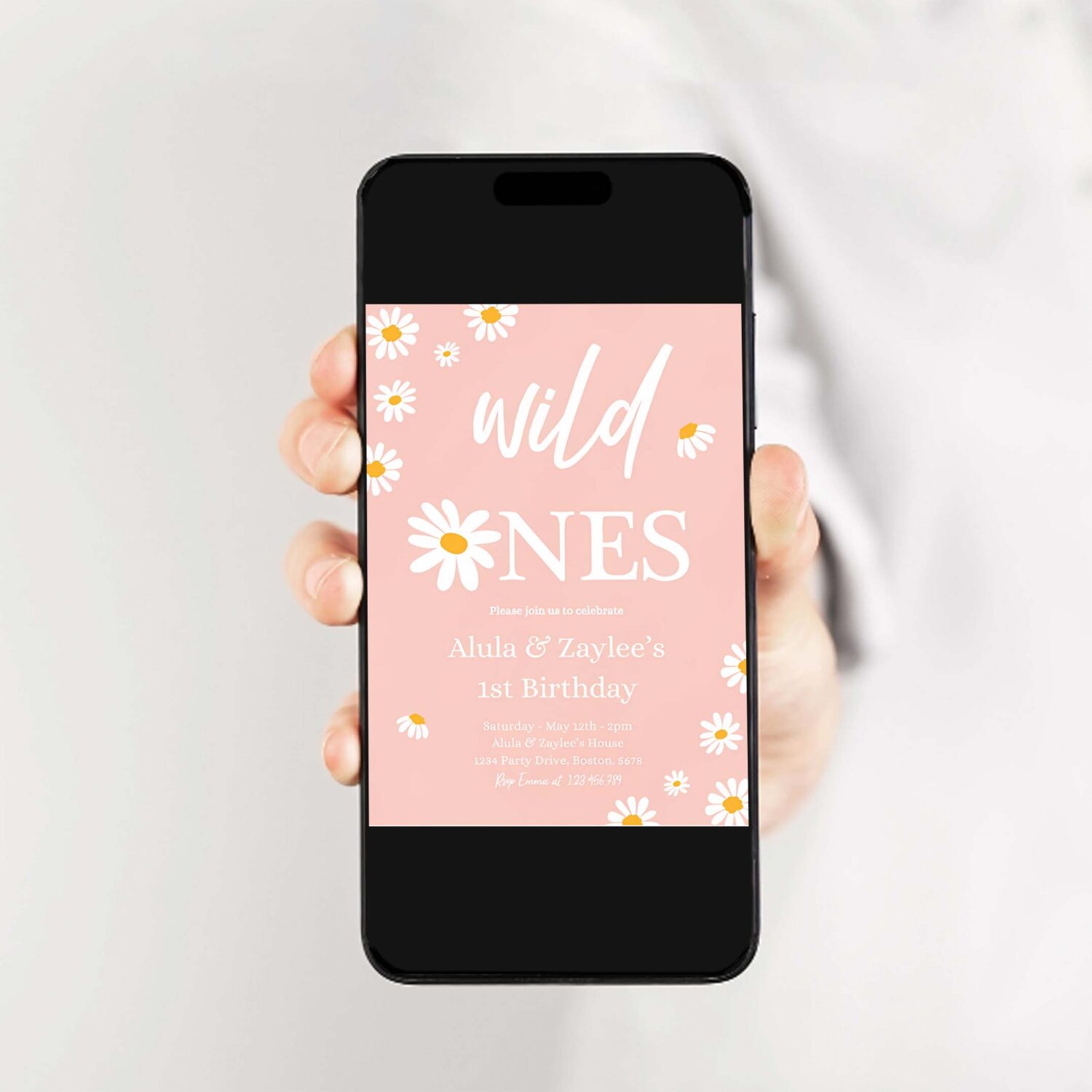 Editable daisy twin birthday party invitation boho daisy wild ones twin 1st birthday party bohemian groovy party 2