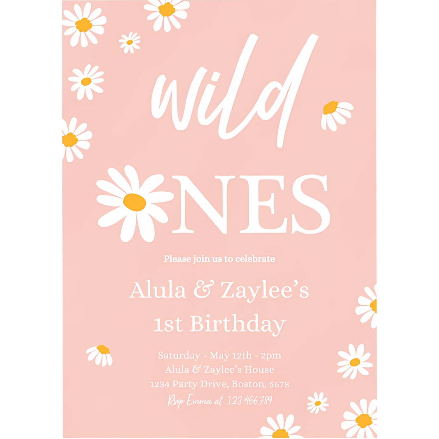 Editable daisy twin birthday party invitation boho daisy wild ones twin 1st birthday party bohemian groovy party 4