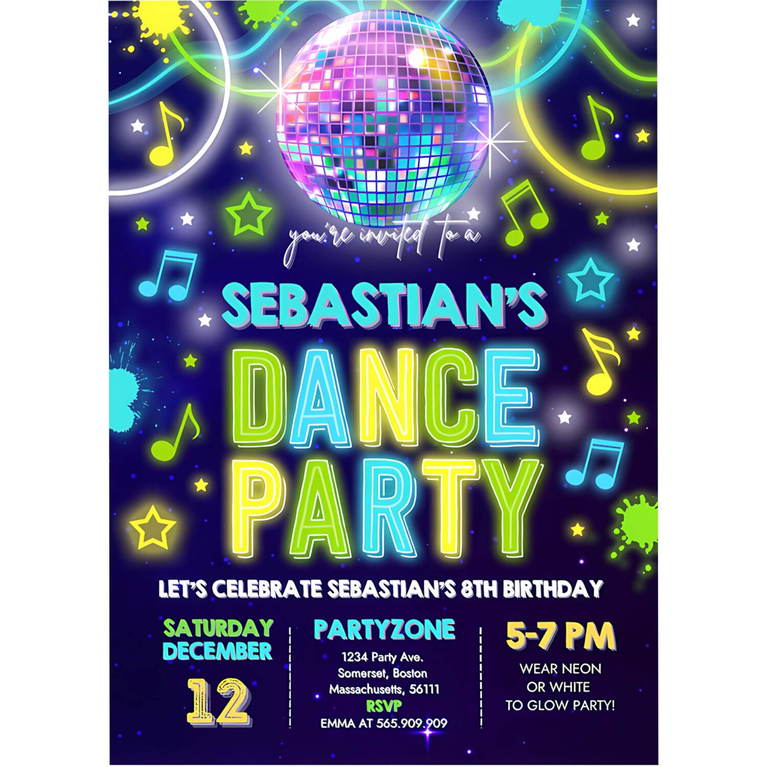 Editable dance party invitation glow dance party birthday invitation neon glow disco party glow dance disco party 4