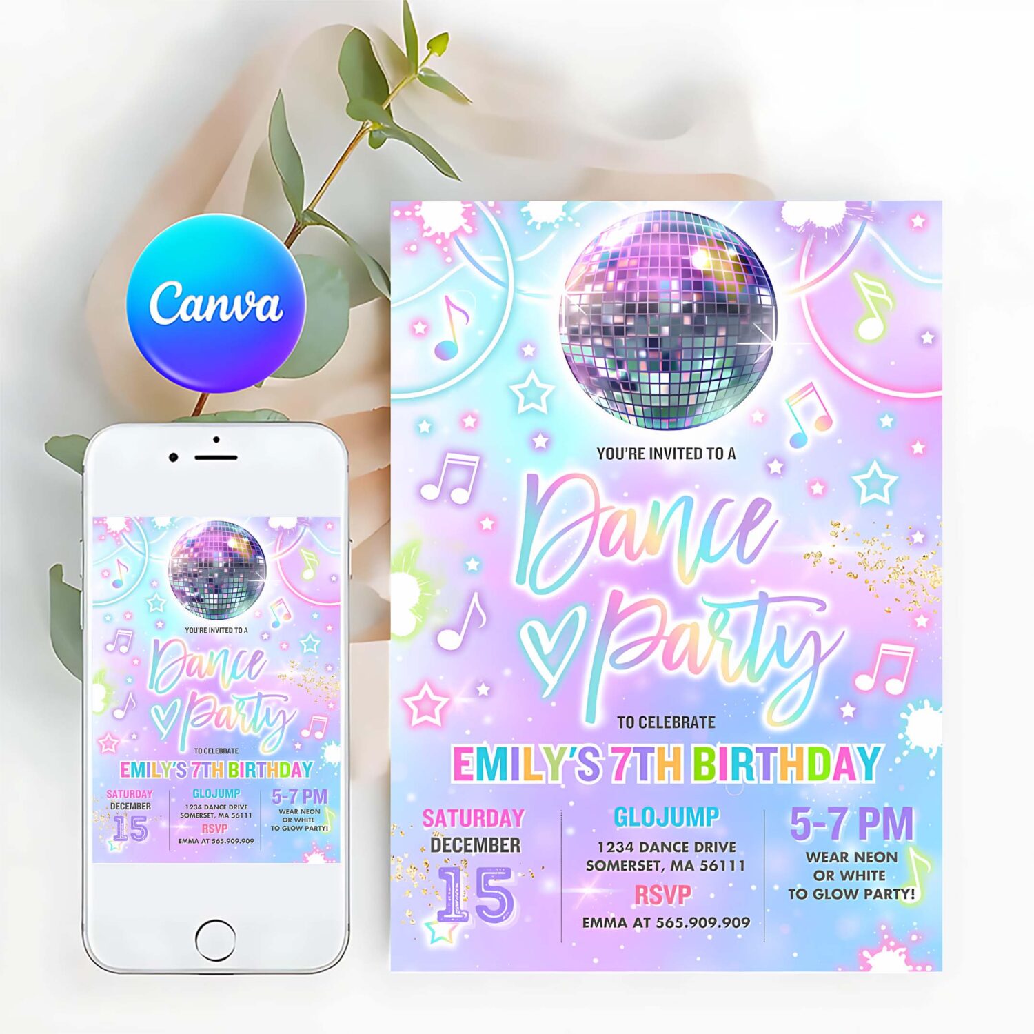 Editable dance party invitation tie dye dance party invitation glow tie dye dance party neon glow disco dance party