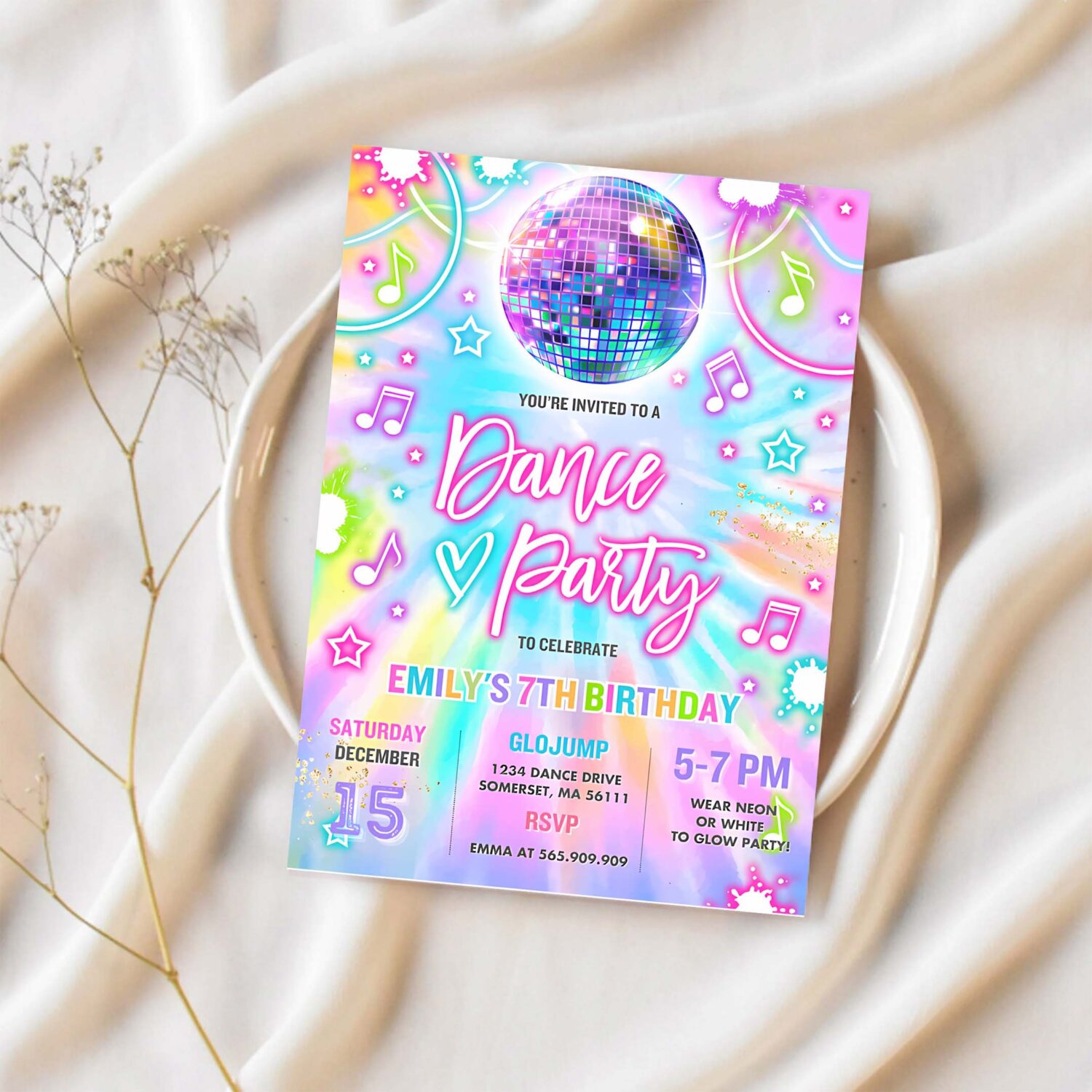 Editable dance party invite tie dye dance party invitation glow tie dye dance party neon glow disco dance party 1