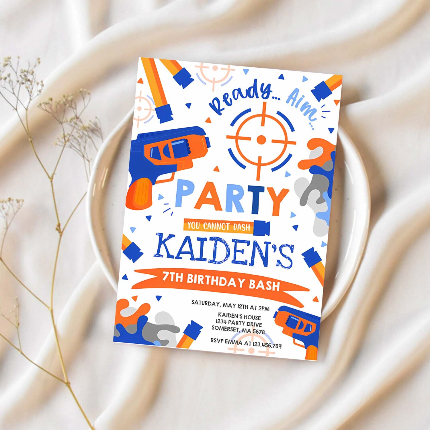Editable dart gun birthday invitation dart war birthday party invitation boy dart gun party dart war ready aim party 1