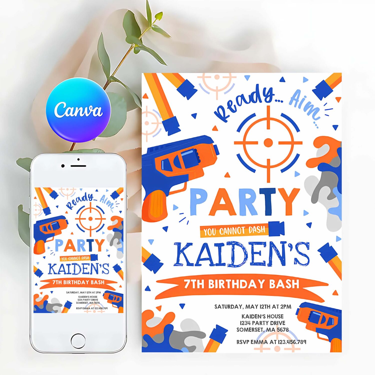 Editable dart gun birthday invitation dart war birthday party invitation boy dart gun party dart war ready aim party