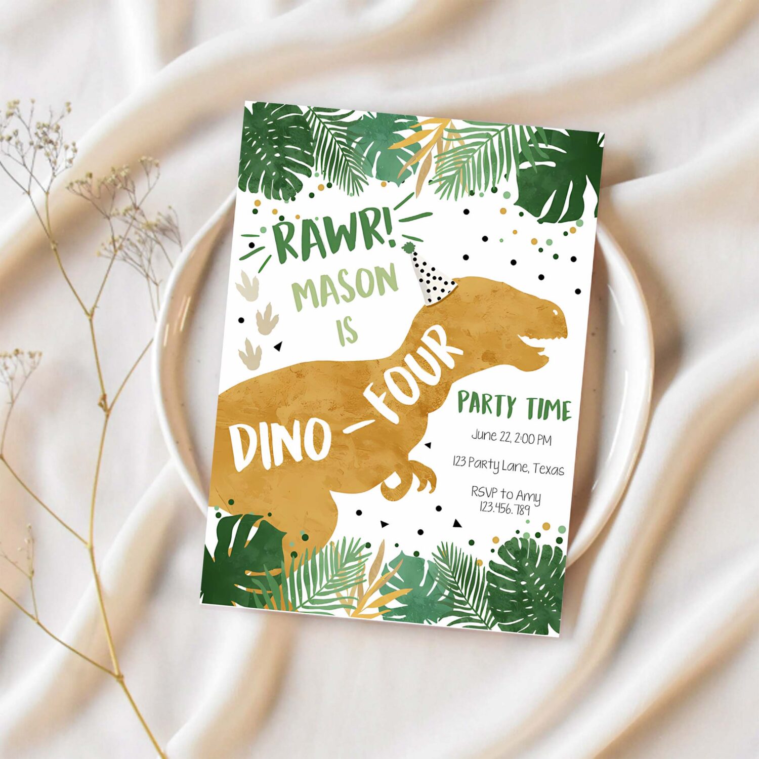 Editable dino four dinosaur birthday invitation dino t rex boy fourth birthday 4th rawr roar green gold prehistoric corjl template 0146 1