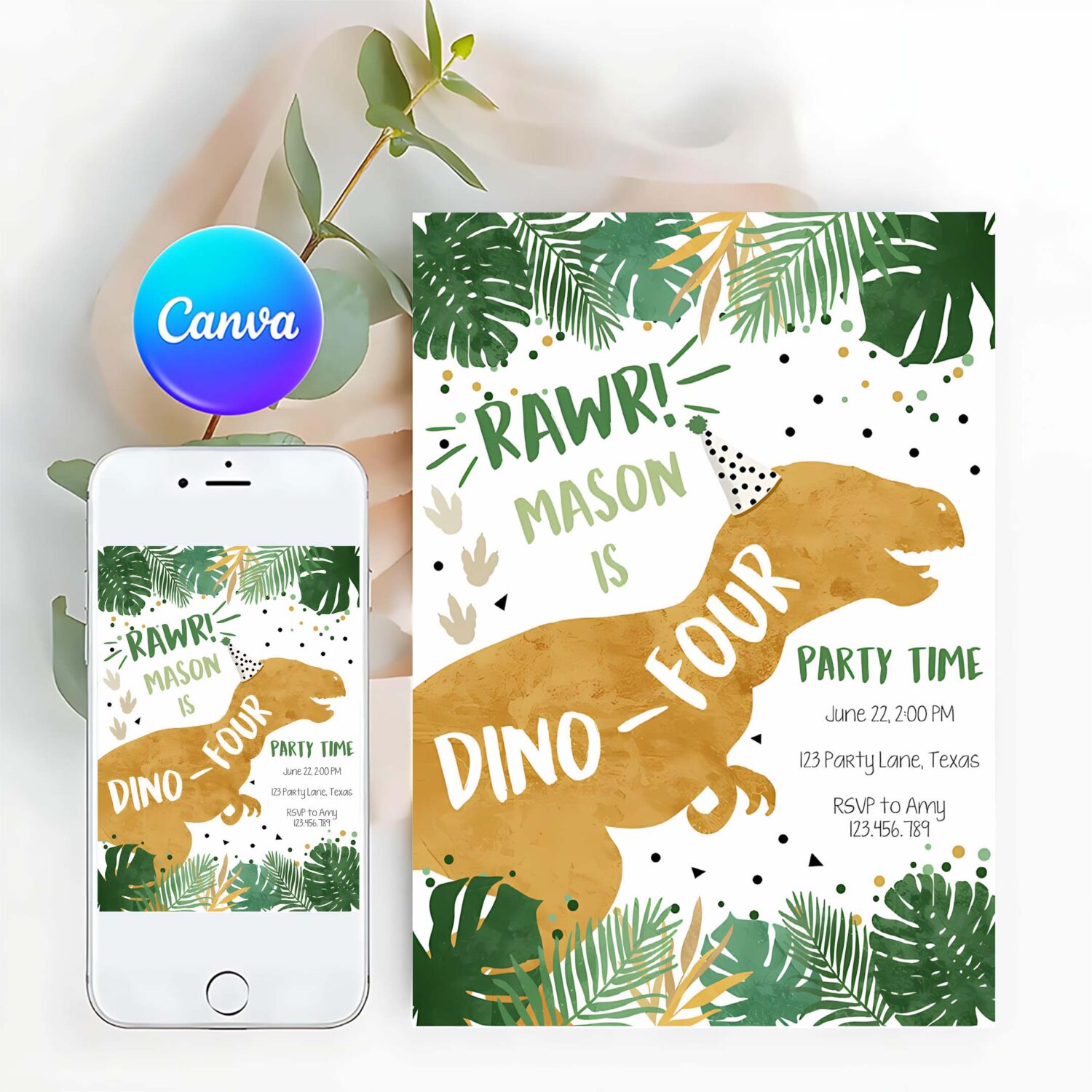 Editable dino four dinosaur birthday invitation dino t rex boy fourth birthday 4th rawr roar green gold prehistoric corjl template 0146
