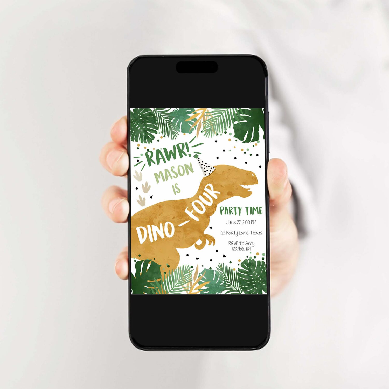 Editable dino four dinosaur birthday invitation dino t rex boy fourth birthday 4th rawr roar green gold prehistoric corjl template 0146 2