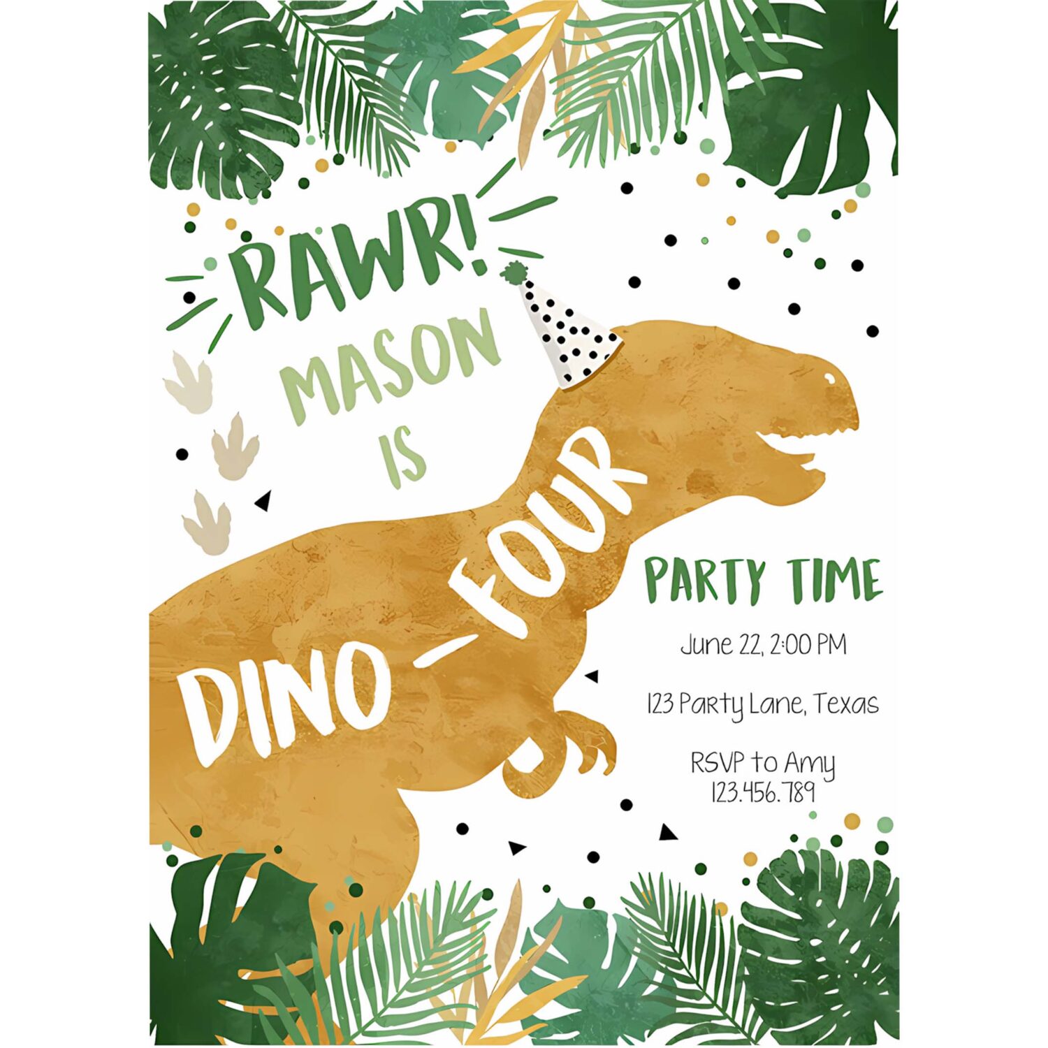 Editable dino four dinosaur birthday invitation dino t rex boy fourth birthday 4th rawr roar green gold prehistoric corjl template 0146 4