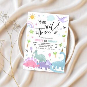 Editable dinosaur birthday party invitation dinosaur young wild and three birthday party jurassic t rex birthday party 1