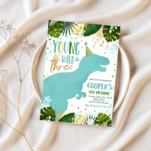 Editable dinosaur young wild and three birthday invitation dinosaur wild three 3rd birthday t rex dino mite 1