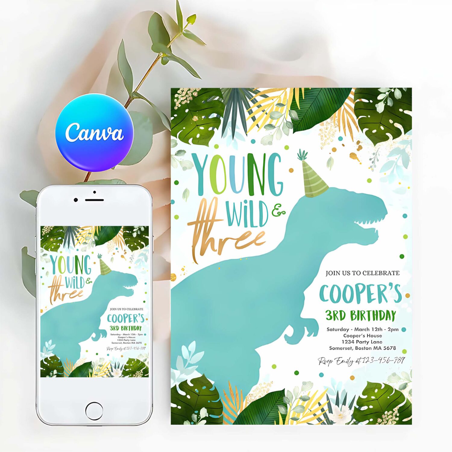 Editable dinosaur young wild and three birthday invitation dinosaur wild three 3rd birthday t rex dino mite