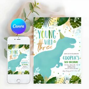 Young Wild And Three Invitation, Dinosaur Young Wild And Three Birthday Invitation