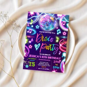 Editable disco party invitation neon glow disco dance party invitation neon glow disco party neon disco dance party 1
