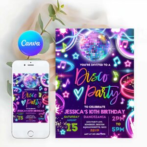 Neon Invitation, Neon Glow Disco Dance Party Invitation Neon Glow Disco Party Invitation