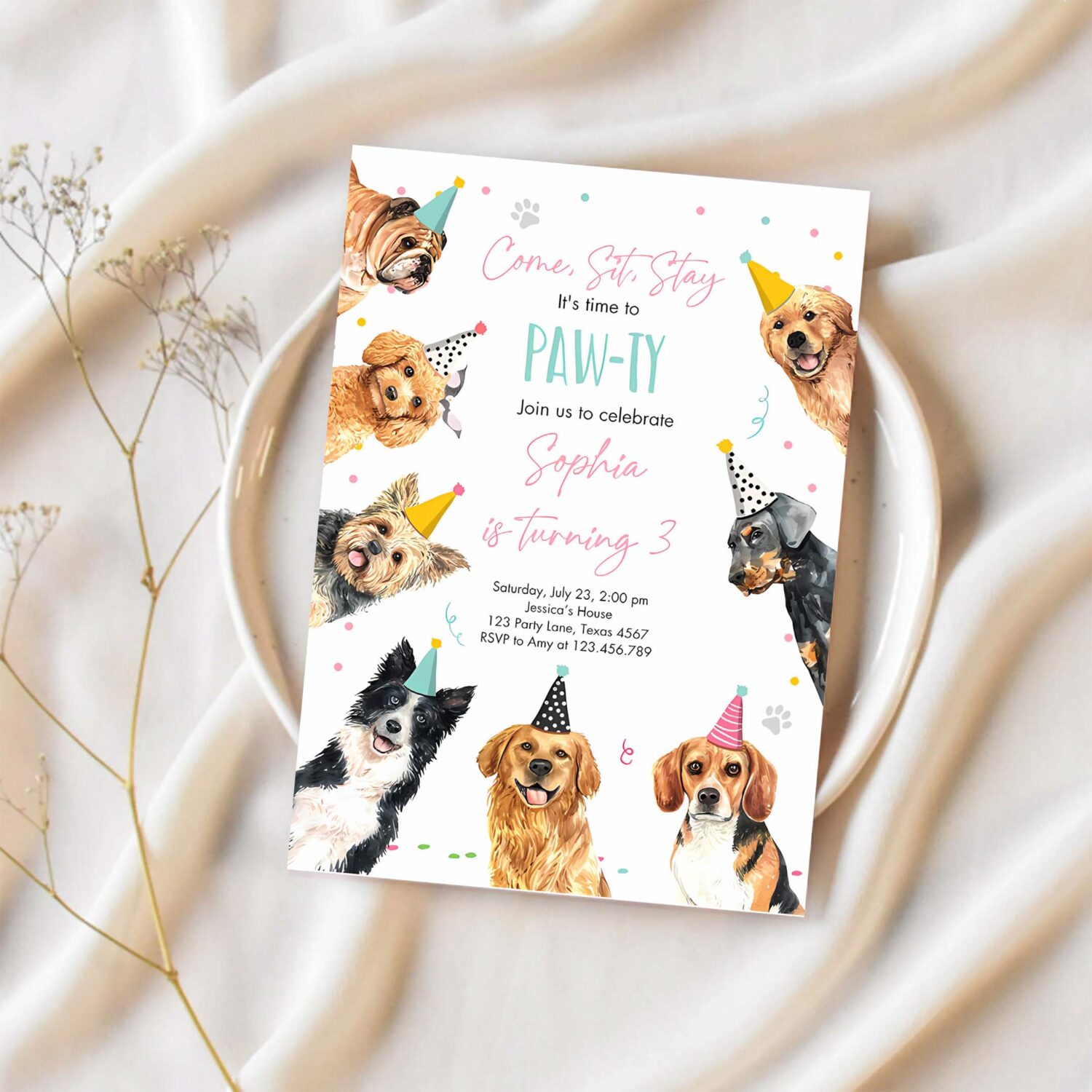 Editable dog birthday party invitation puppy birthday pink girl doggy shelter animal pet party invitation 1