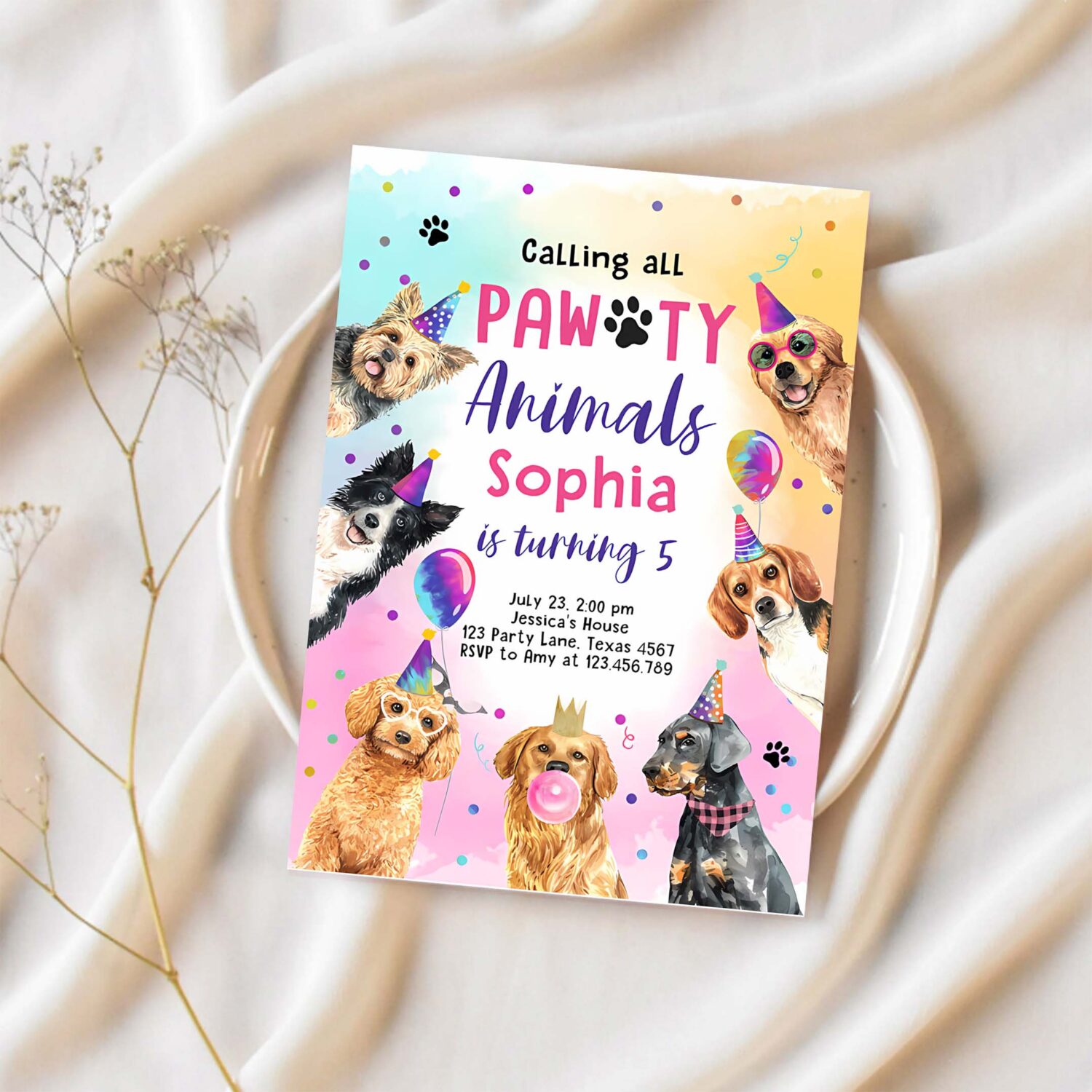 Editable dogs birthday party invitation puppy birthday invite calling all pawty animals party animals download printable template corjl 0460 1