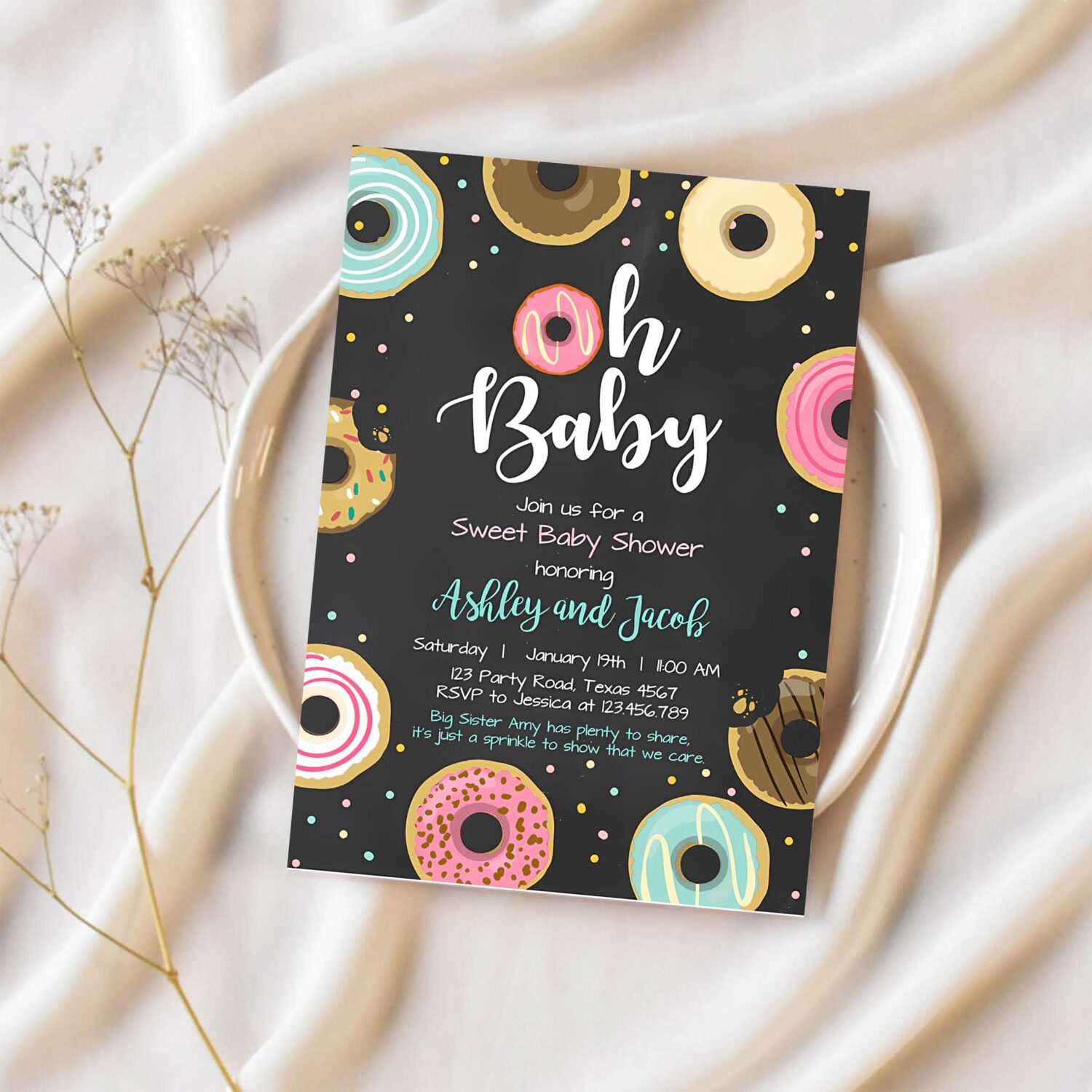 Editable donut baby shower invitation oh baby coed shower doughnut sweet chalk gender neutral pink girl corjl template printable 0050 1