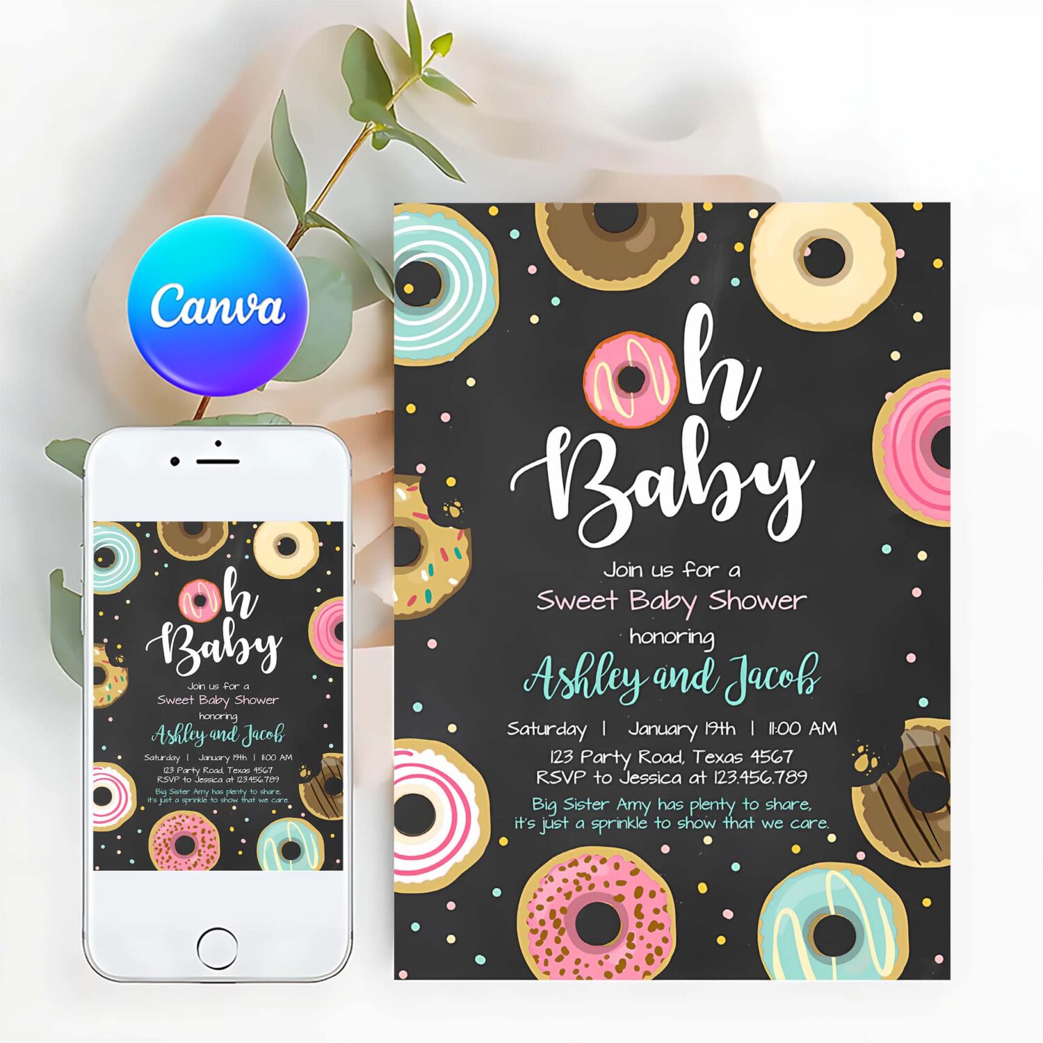 Editable donut baby shower invitation oh baby coed shower doughnut sweet chalk gender neutral pink girl corjl template printable 0050