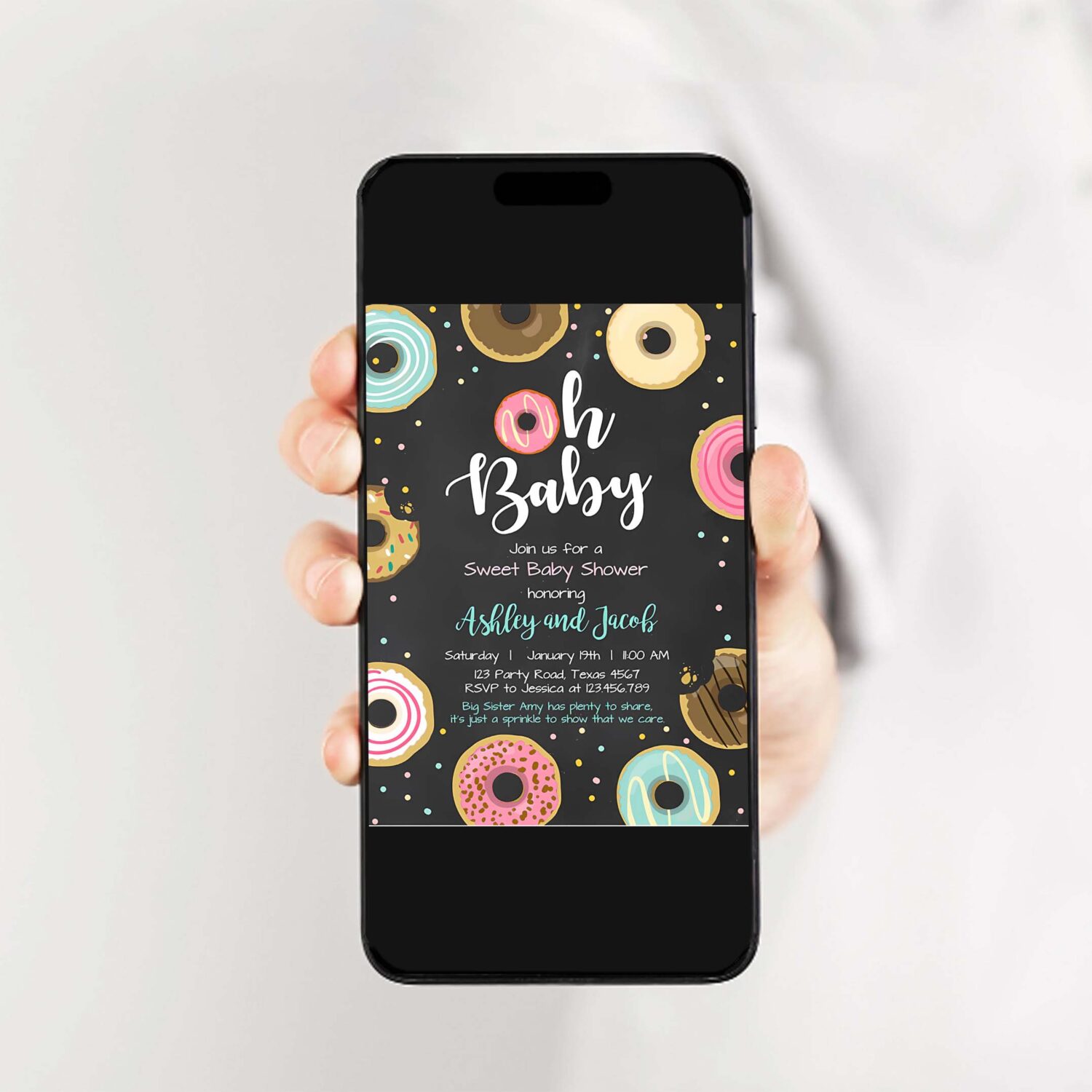 Editable donut baby shower invitation oh baby coed shower doughnut sweet chalk gender neutral pink girl corjl template printable 0050 2