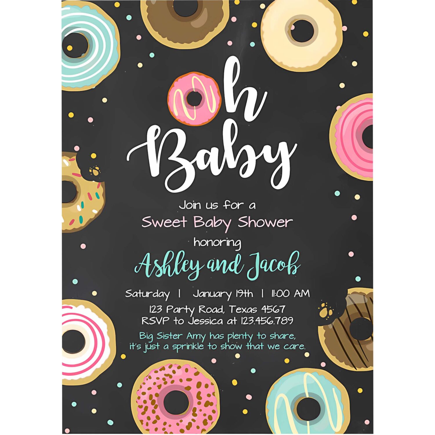 Editable donut baby shower invitation oh baby coed shower doughnut sweet chalk gender neutral pink girl corjl template printable 0050 4