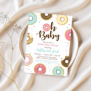 Editable donut baby shower invitation oh baby coed shower doughnut sweet gender neutral pink girl download corjl template printable 0050 1