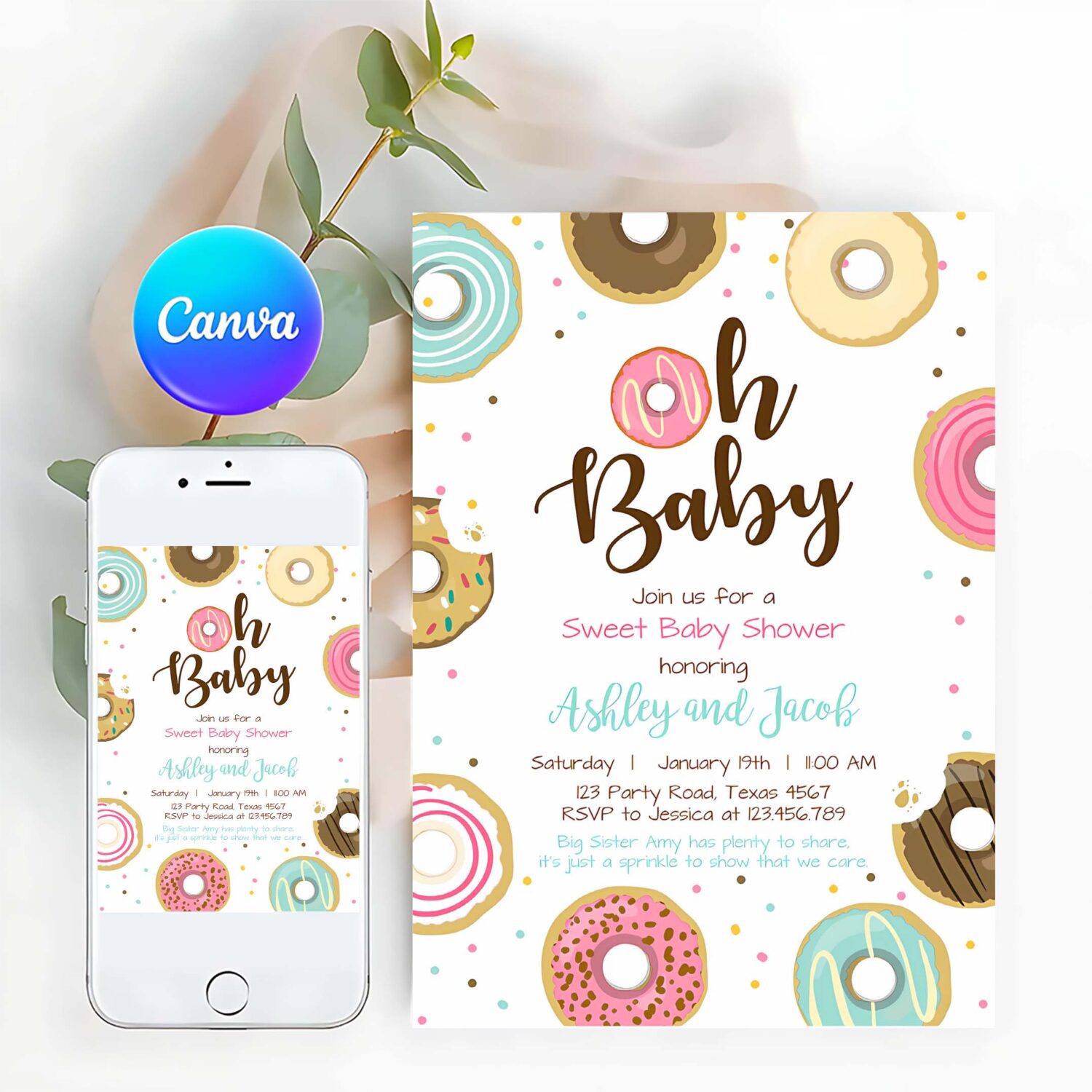 Editable donut baby shower invitation oh baby coed shower doughnut sweet gender neutral pink girl download corjl template printable 0050