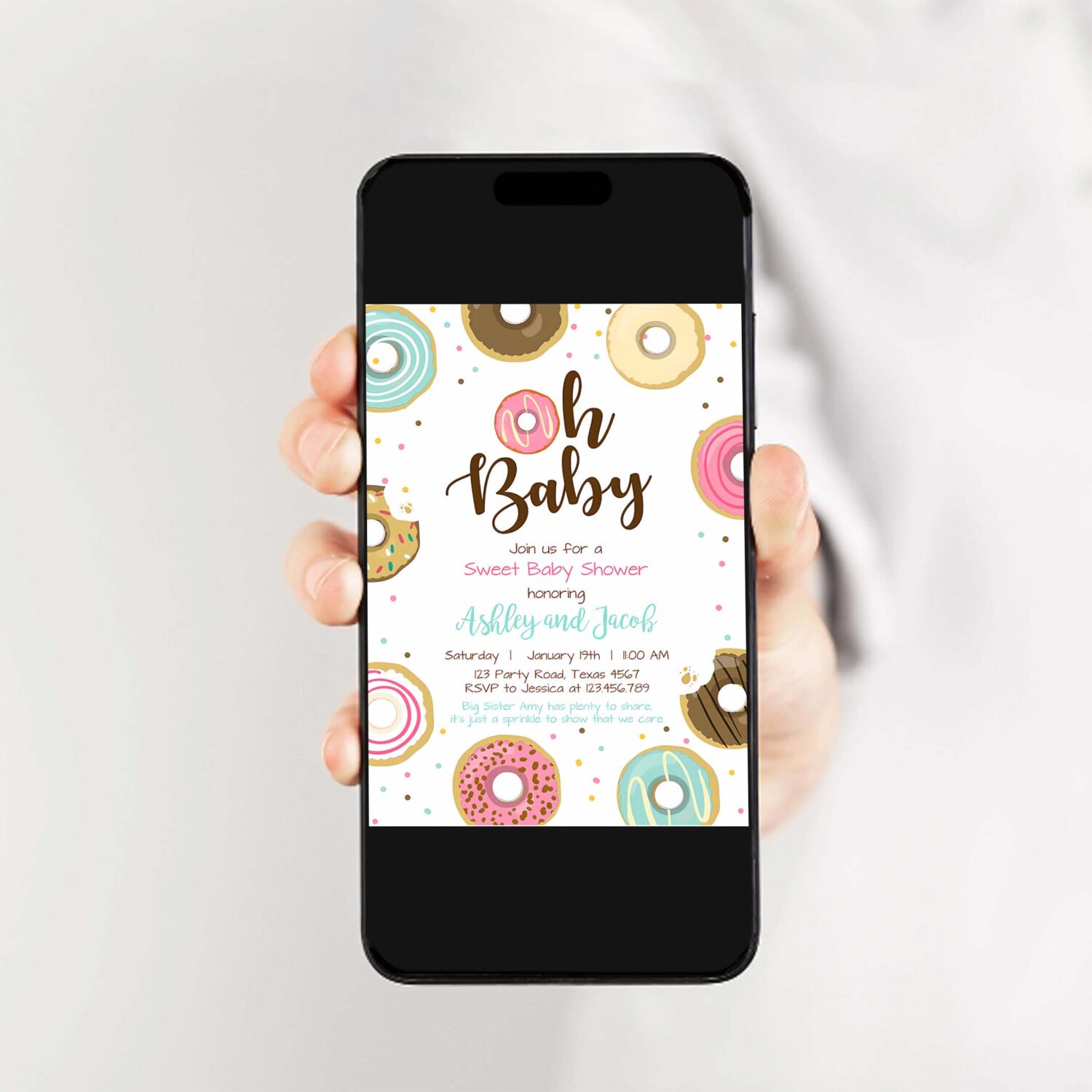 Editable donut baby shower invitation oh baby coed shower doughnut sweet gender neutral pink girl download corjl template printable 0050 2