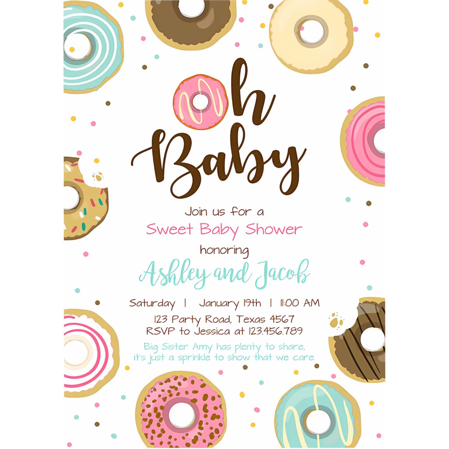 Editable donut baby shower invitation oh baby coed shower doughnut sweet gender neutral pink girl download corjl template printable 0050 4