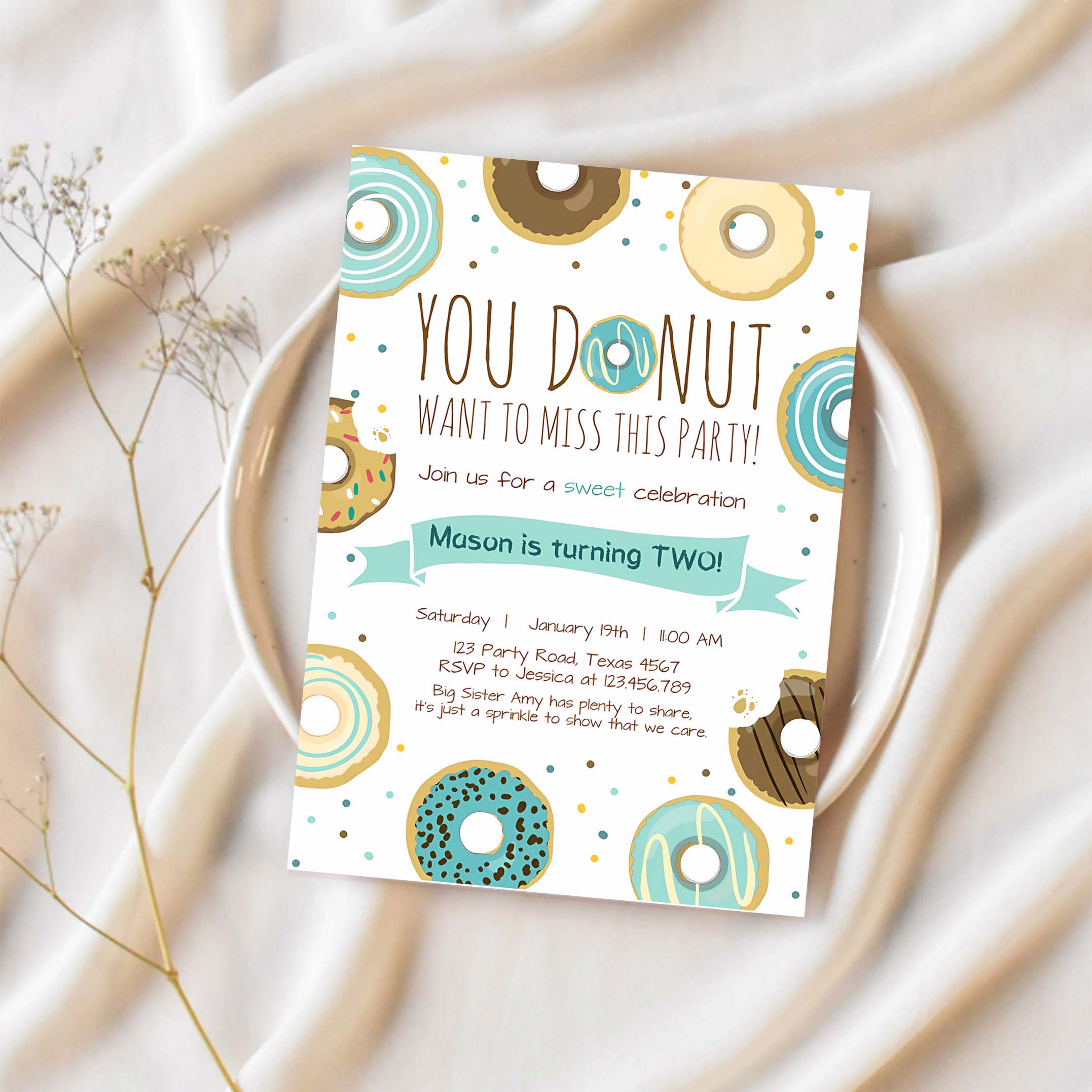 Editable Donut Birthday Invitation You Donut Want To Miss This Boy Blue Sweet Doughnut First Birthday 1st Donut Grow Up Corjl Template 0050