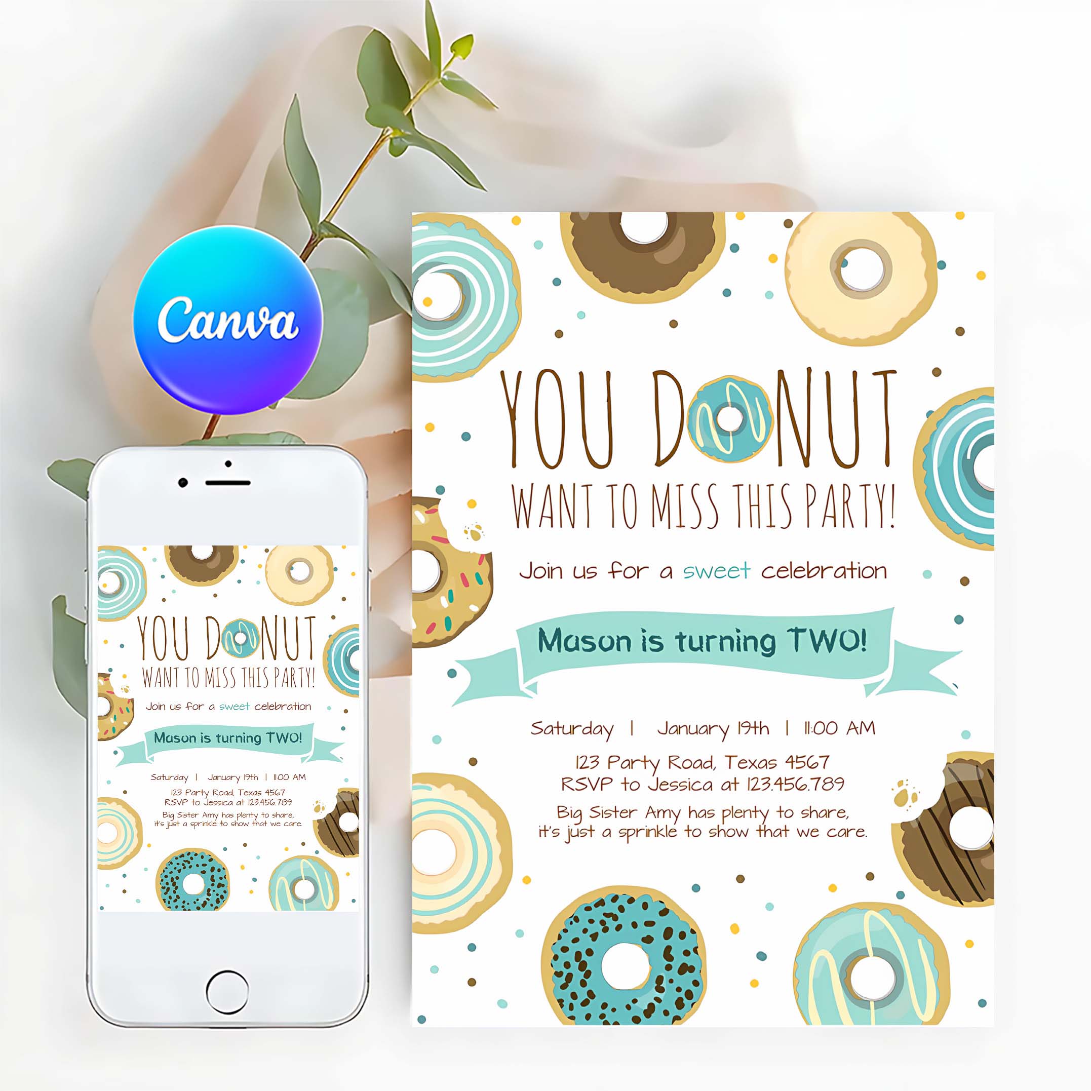 Editable Donut Birthday Invitation You Donut Want To Miss This Boy Blue Sweet Doughnut First Birthday 1st Donut Grow Up Corjl Template