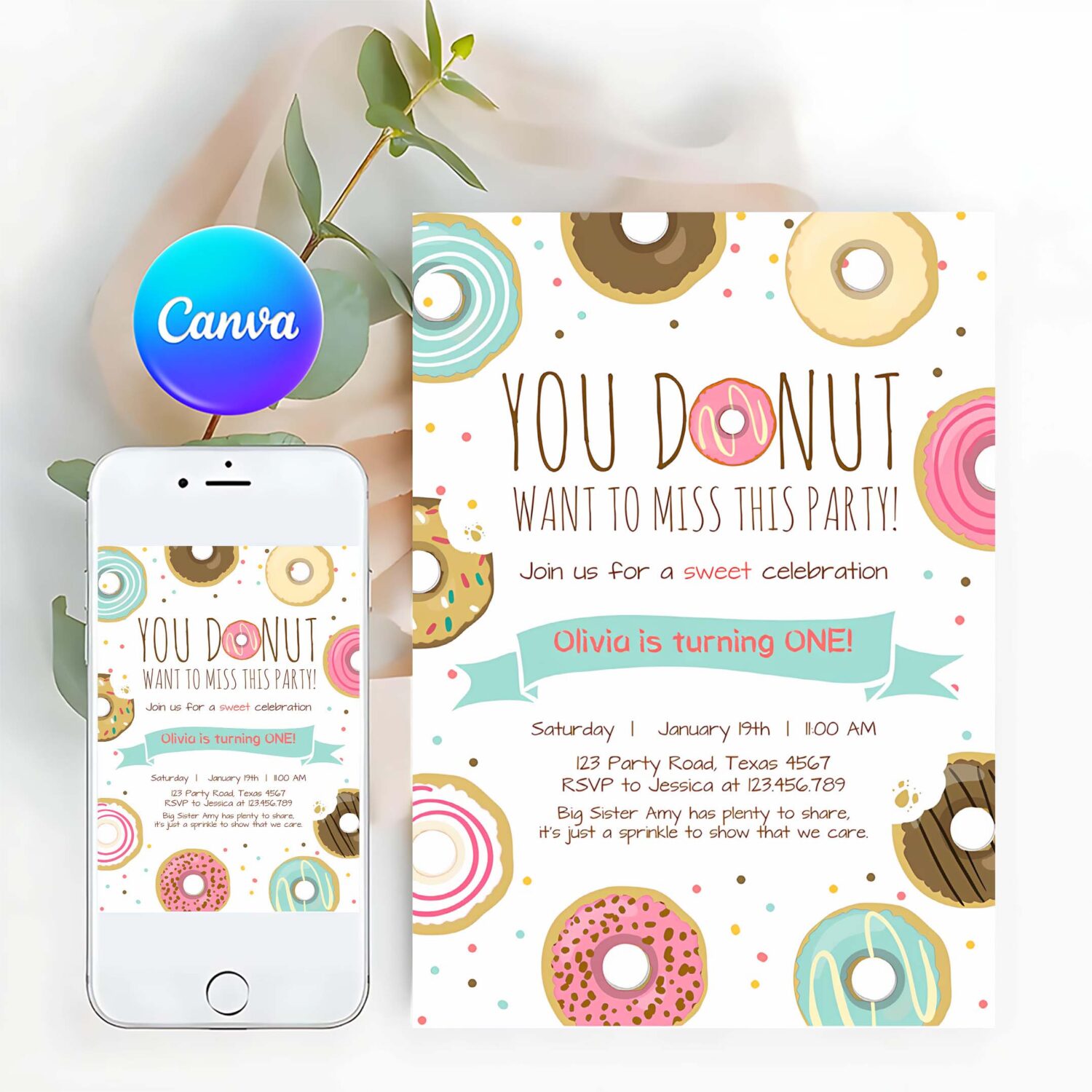 Editable donut birthday invitation you donut want to miss this girl pink sweet doughnut first birthday 1st donut grow up corjl template 0050