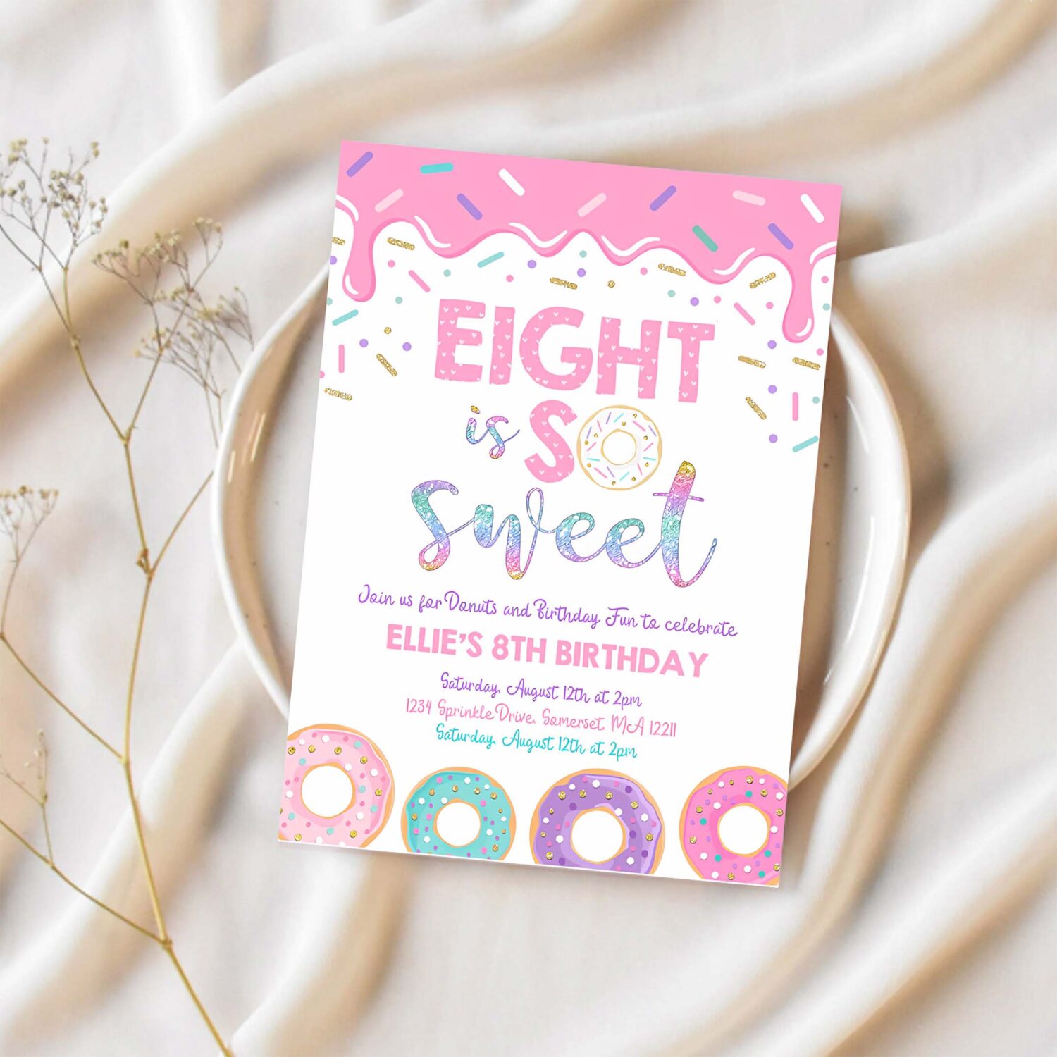 Editable donut eight is sweet birthday invitation girl donut 8th birthday party pink donut birthday part 1