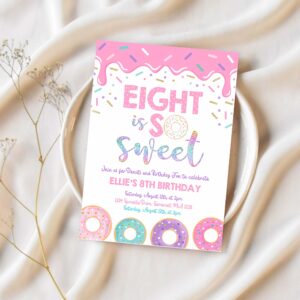 Editable donut eight is sweet birthday invitation girl donut 8th birthday party pink donut birthday part 1
