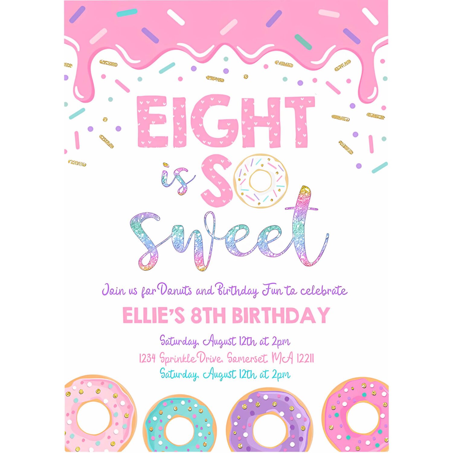 Editable donut eight is sweet birthday invitation girl donut 8th birthday party pink donut birthday part 4