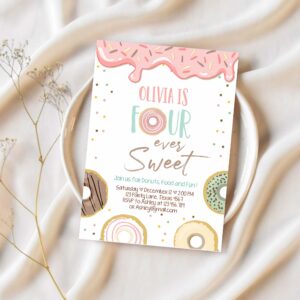 Editable donut four ever sweet birthday invitation 4th birthday party pink girl doughnut four digital download printable template corjl 0320 1