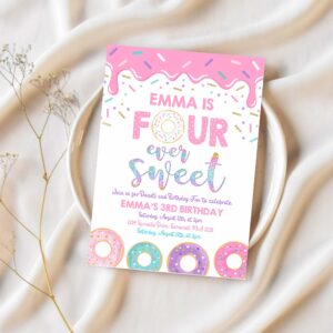 Editable donut four ever sweet birthday invitation girl donut 4th birthday party pink donut birthday party 1
