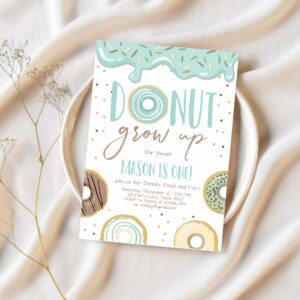 Editable donut grow up birthday invitation first birthday party blue boy doughnut 1st pastel instant download printable template 1