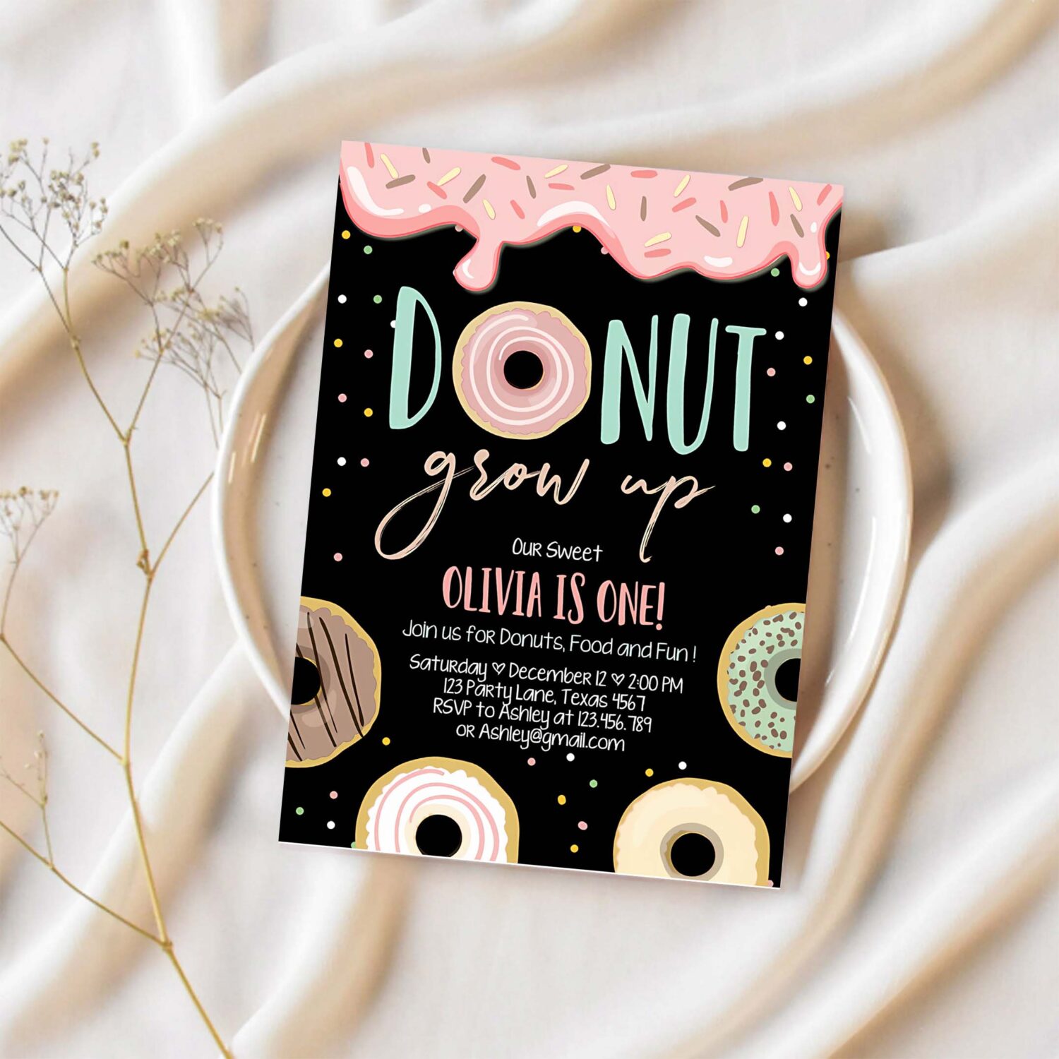 Editable donut grow up birthday invitation first birthday party pink girl doughnut chalk digital download printable template corjl 0320 1