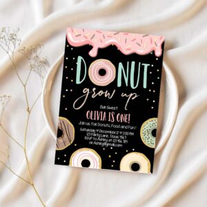 Editable donut grow up birthday invitation first birthday party pink girl doughnut chalk digital download printable template corjl 0320 1