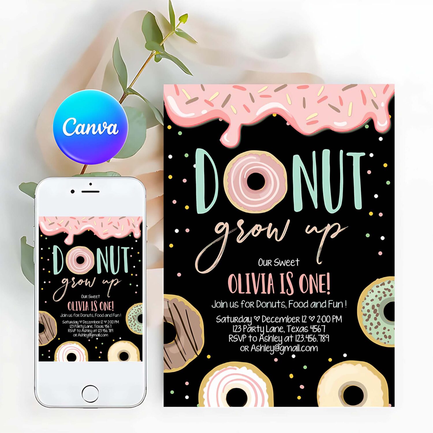 Editable donut grow up birthday invitation first birthday party pink girl doughnut chalk digital download printable template corjl 0320