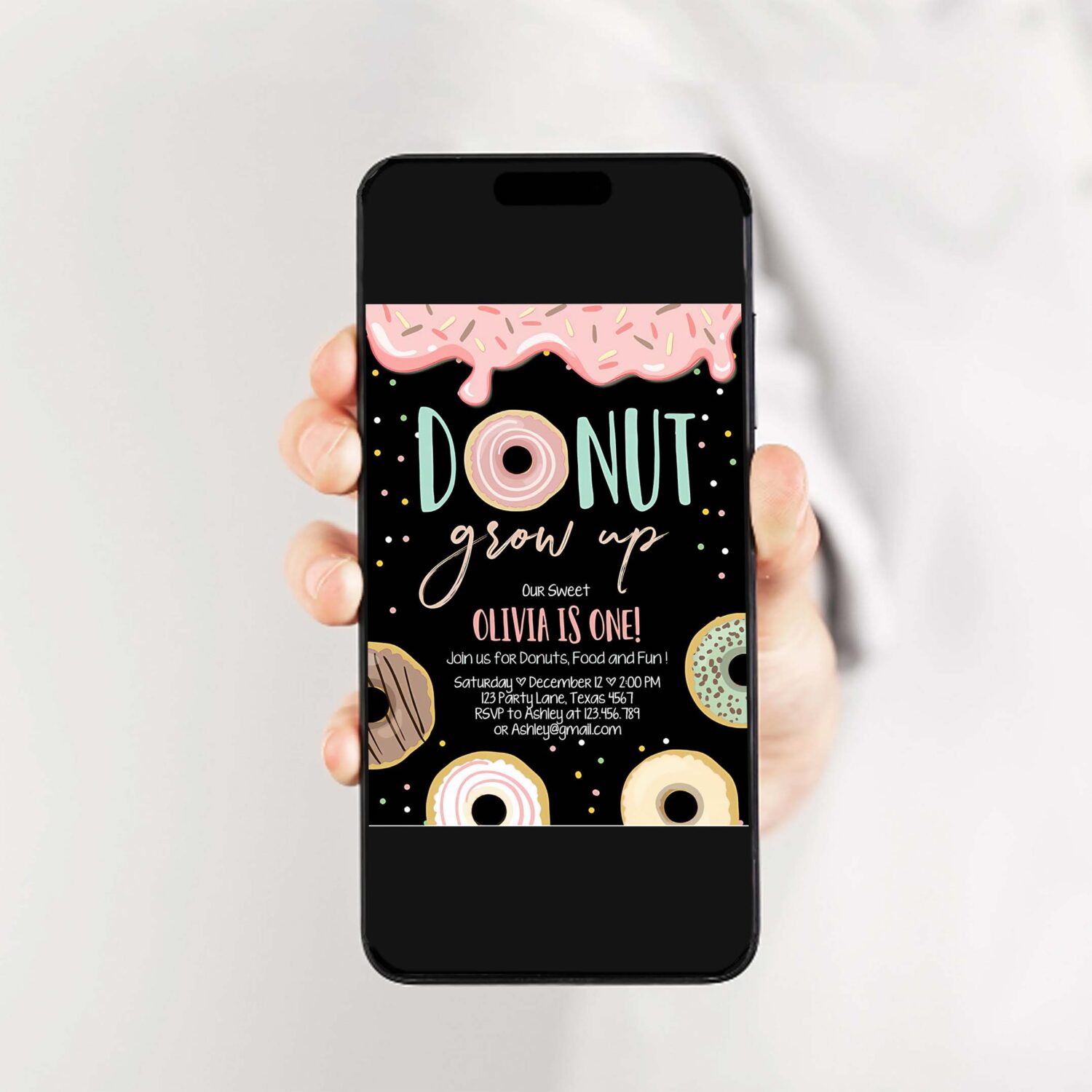 Editable donut grow up birthday invitation first birthday party pink girl doughnut chalk digital download printable template corjl 0320 2