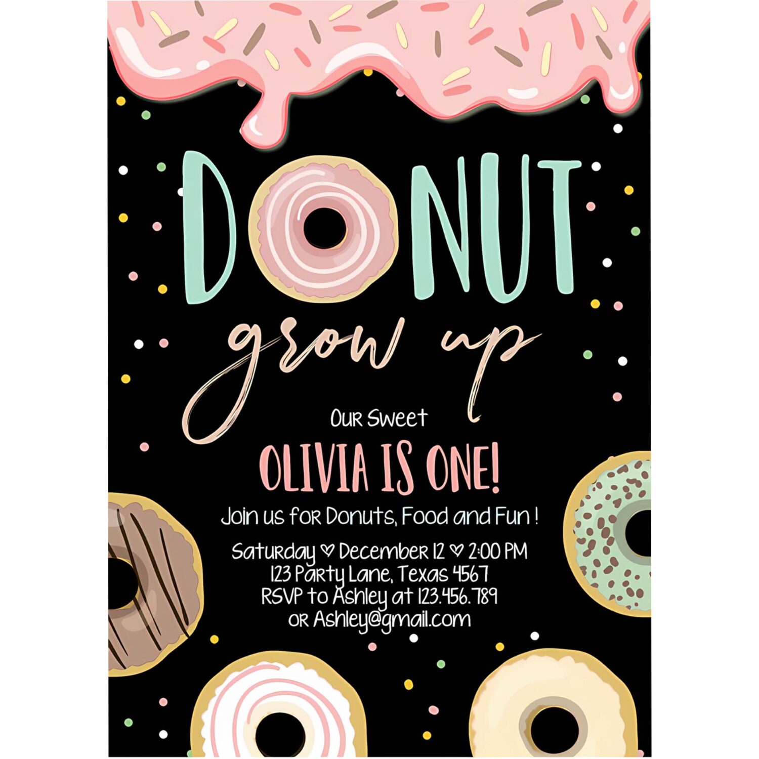 Editable donut grow up birthday invitation first birthday party pink girl doughnut chalk digital download printable template corjl 0320 4