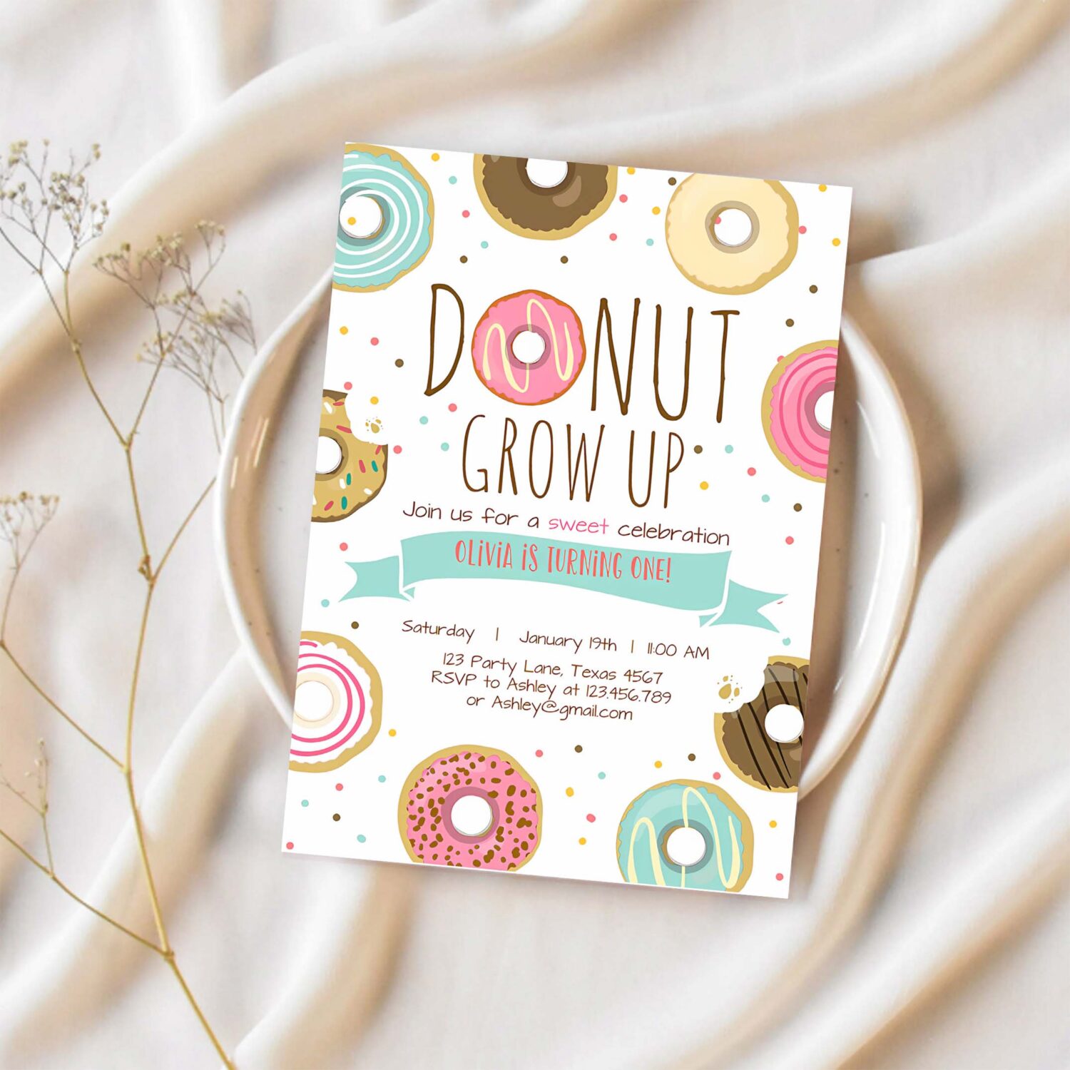 Editable donut grow up birthday invitation first birthday party pink girl doughnut sweet digital download printable template 1