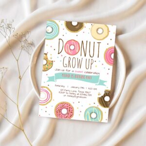 Editable donut grow up birthday invitation first birthday party pink girl doughnut sweet digital download printable template 1