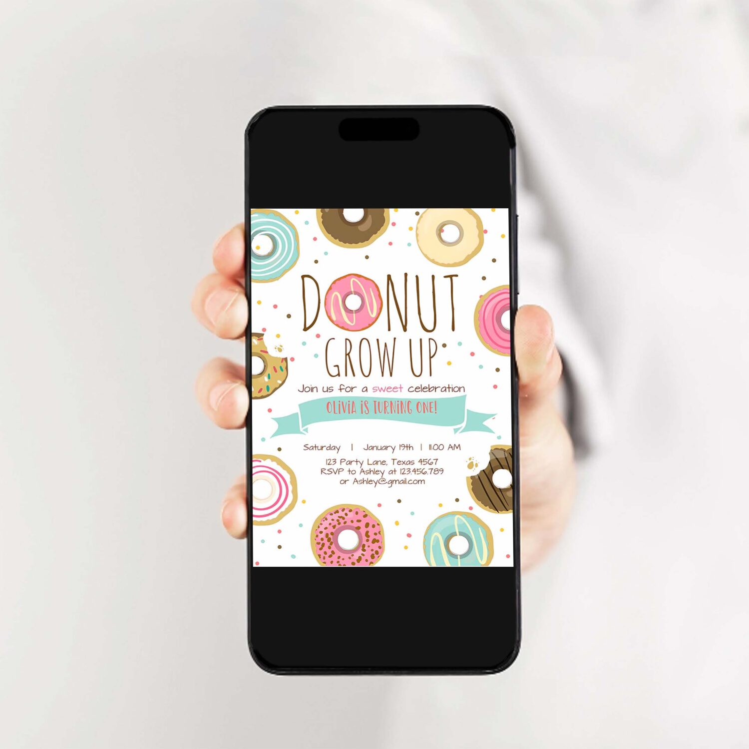 Editable donut grow up birthday invitation first birthday party pink girl doughnut sweet digital download printable template 2