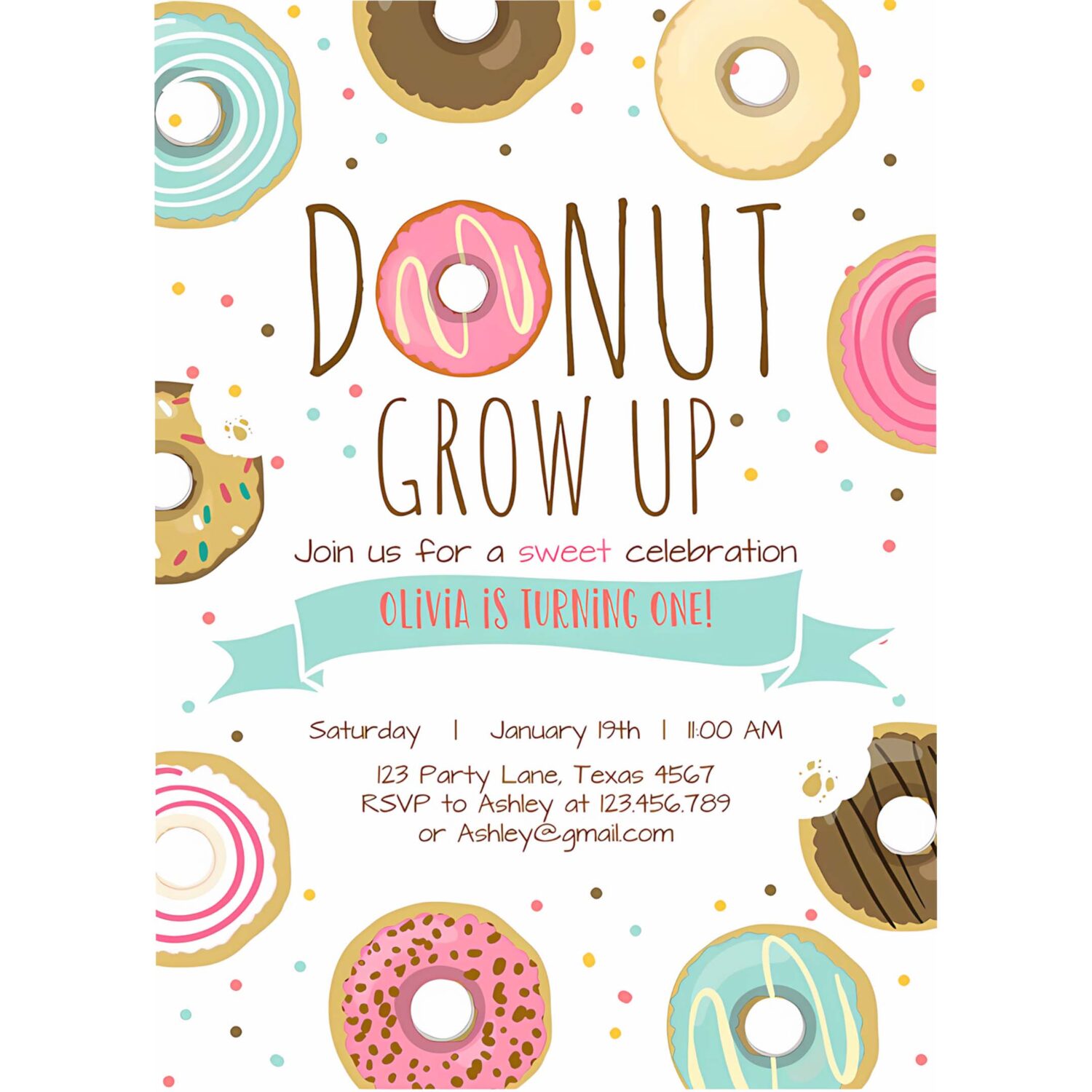 Editable donut grow up birthday invitation first birthday party pink girl doughnut sweet digital download printable template 4