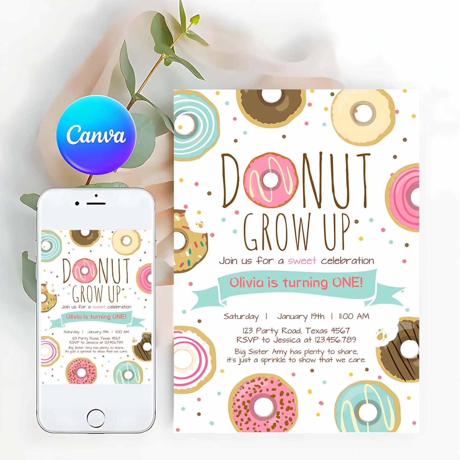 Editable donut grow up birthday invitation first birthday party pink girl doughnut sweet digital download printable template corjl 0050