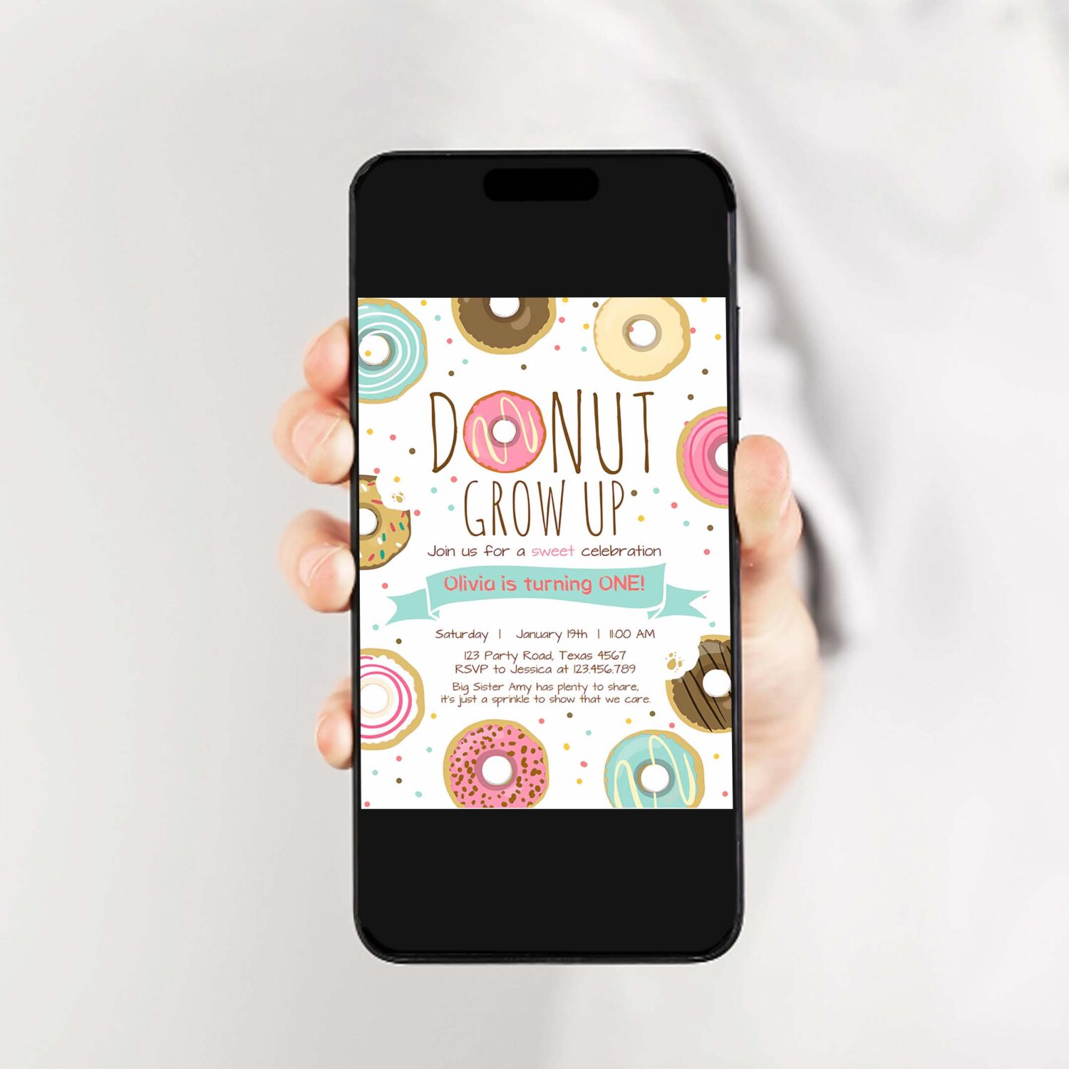 Editable donut grow up birthday invitation first birthday party pink girl doughnut sweet digital download printable template corjl 0050 2